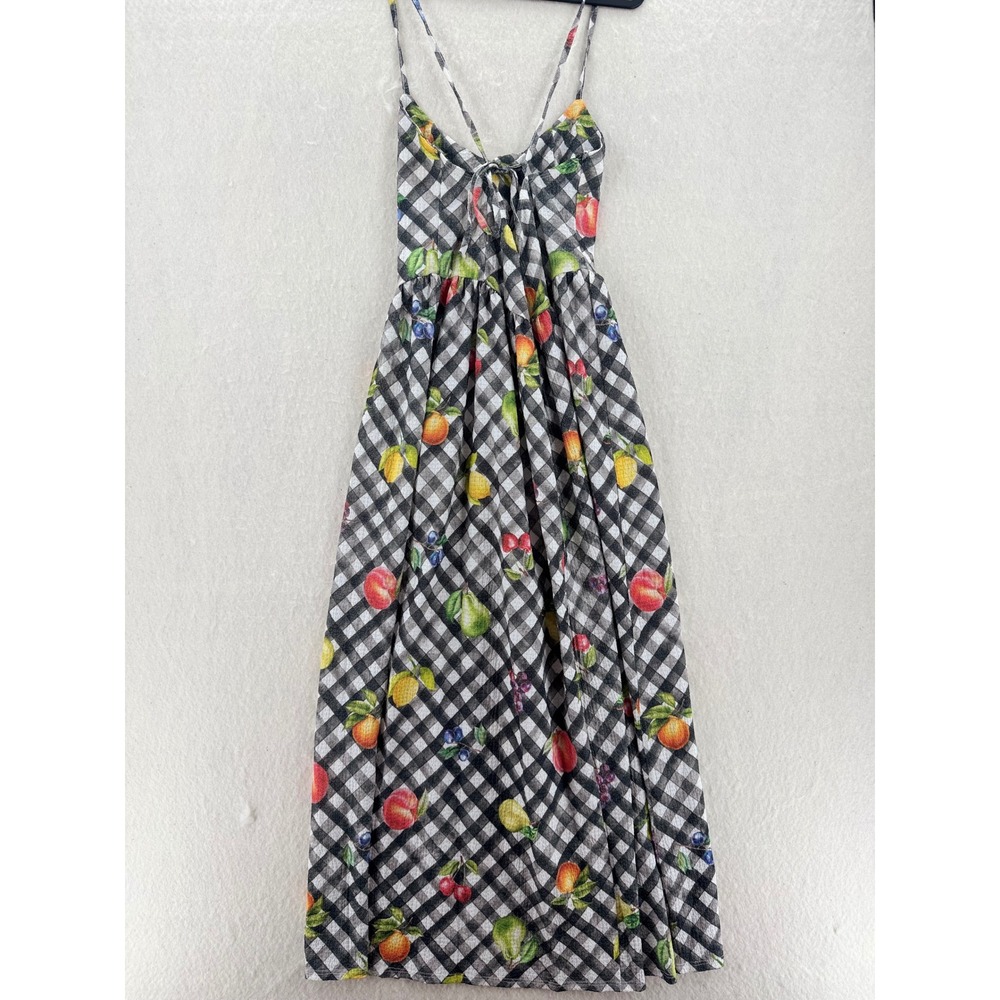 Unbranded - Midi Dress Gingham Fruit Print Lace Up - Black - M - Women - Picture 2 of 8